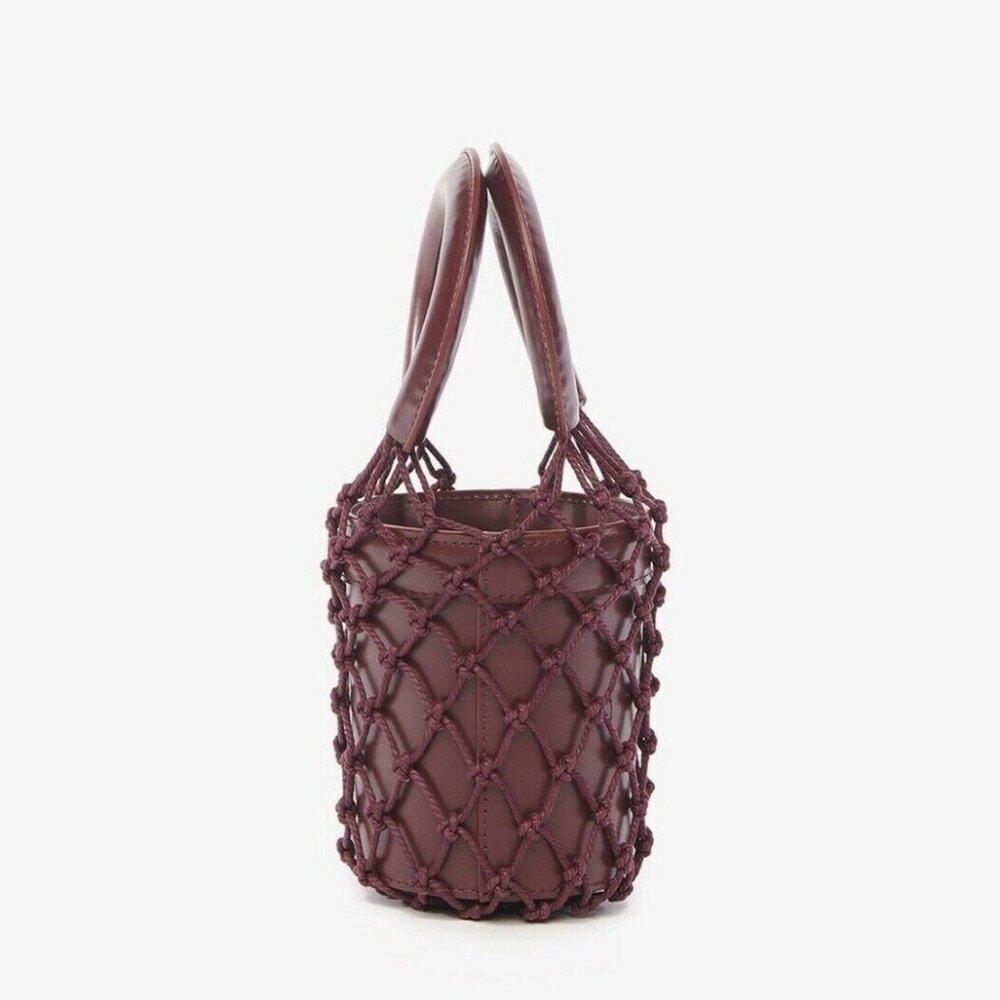 STAUD Mini Moreau Leather and Macramé Bucket Bag in Bordeaux - Picture 3 of 4